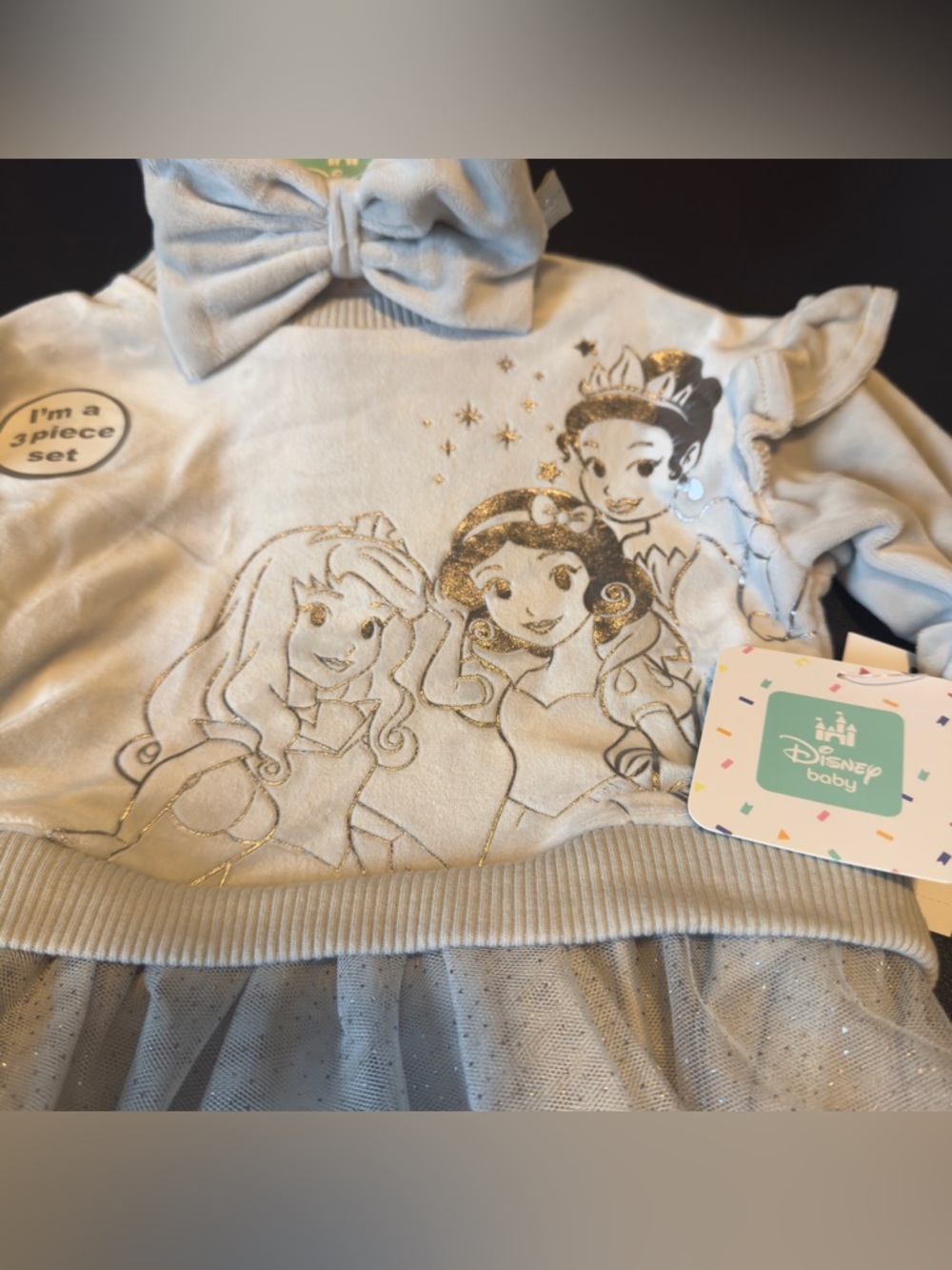 Disney Baby Gray Princess Tulle Dress Set with bow, and leggings.